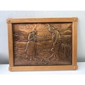 Vintage Framed Copper Relief Wall Art 3D Signed A. Mabou 1975 Rustic Farm Scene